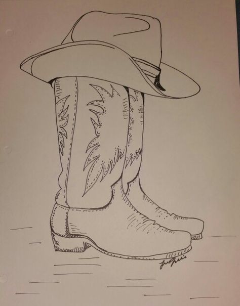 Boots With Hat Drawing, Country Boots Drawing, Cowboy Drawing Ideas, Drawings Of Hats, Cool Western Drawings, Country Themed Paintings, Cowboy Drawings Easy, Cowboy Aesthetic Drawing, Western Art Sketches