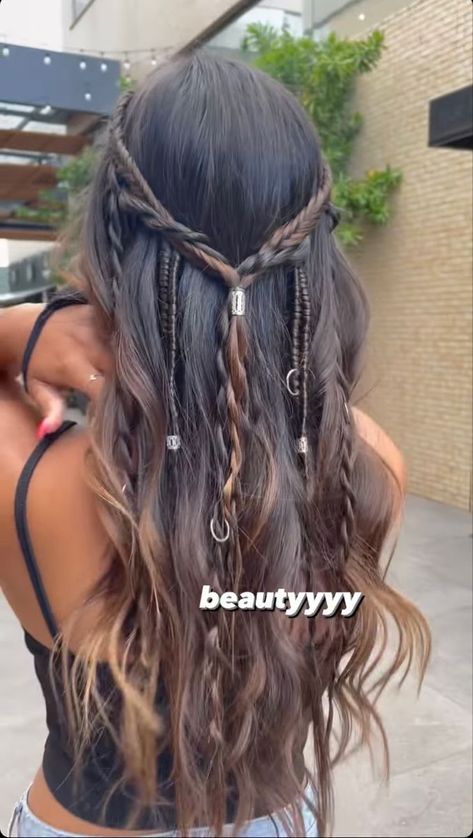 Fairy Cosplay Hairstyles, Boho Festival Hairstyles, Dragon Braid Hairstyles Half Up Half Down, Hair With Jewels, Mystical Hairstyles, Pirate Hair, Rave Hair, Hippie Hair, Ren Fair