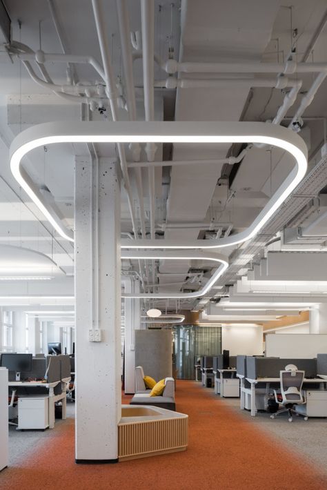 Office Lighting Design Ceiling, Industrial Ceiling Design, Environment Collage, Tech Interior Design, Cinematic Architecture, Office Technology, Office Ceiling, Industrial Office Design, Open Ceiling