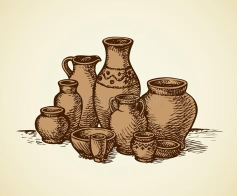 Clay Pots Of Different Sizes And Shapes. Vector Sketch Stock Vector - Illustration of dish, drawing: 76324302 Jars Of Clay Tattoo, Clay Pot Tattoo, Pot Drawing Design, Pottery Drawing Ideas, Clay Pot Drawing, Jug Tattoo, Pots Tattoo, Pot Drawing Ideas, Pottery Sketch