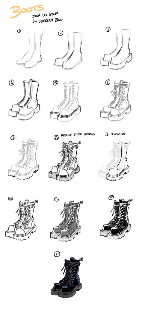 Boots Manga Drawing, Boot Design Sketch, Boots Tutorial Drawing, Boot Art Reference, Boots Sketch Drawing, Boots Sketch Illustration Fashion, Inktober 2024 Boots, Sweeney Boo Art, How To Draw Combat Boots