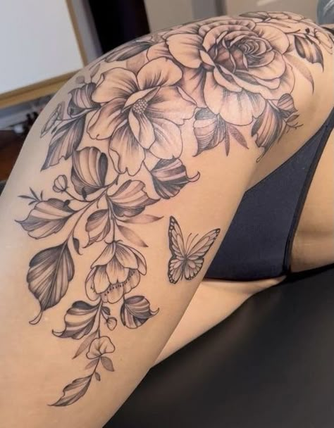 Front Thigh Tattoos, Thigh Piece Tattoos, Tattoos Leg, Cute Thigh Tattoos, Side Thigh Tattoos, Tattoo Hip, Floral Thigh Tattoos, Hip Thigh Tattoos, Hip Tattoos