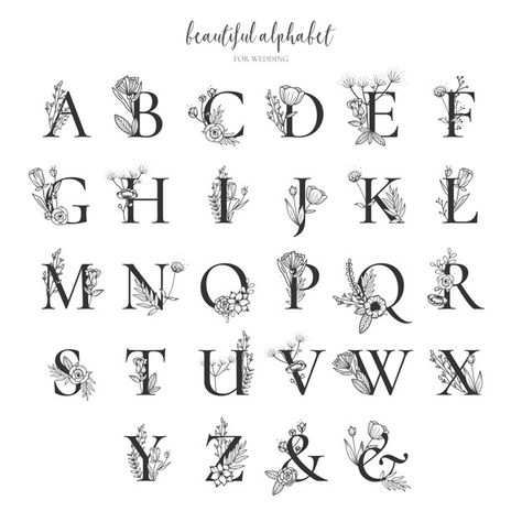 Beautiful alphabet collection with hand drawn floral ornaments Free Vector Awesome Fonts, Old English Alphabet, Alfabet Font, Alphabet Code, Floral Font, طابع بريدي, Alfabet Letters, Alphabet A, Flower Alphabet