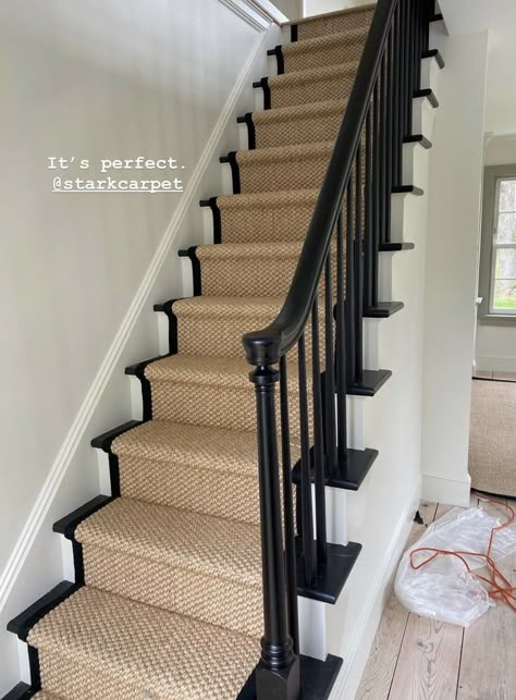 Traditional Staircase With Runner, Staircase Makeover Entryway, Runners Stairs, Black Staircase Carpet, Black White Stairs With Runner, Staircase Bannister Ideas, Scandi Staircase, Stair Runner Carpet On Black Stairs, Redone Stairs