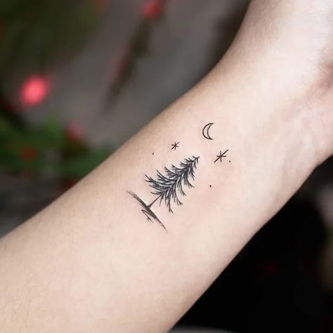 Forest Tattoo Small Simple, Pine Tree Wrist Tattoos For Women, Christmas Tree Tattoo Small Simple, Fur Tree Tattoo, Pine Tree Tattoo Minimalist, Evergreen State Tattoo, Two Pine Tree Tattoo, Evergreen Tattoos For Women, Pine Tree Fine Line Tattoo