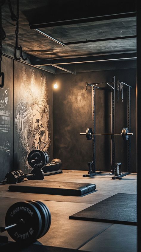 Unleash your inner Scorpio 🦂 with an intense CrossFit gym setup! Embrace industrial vibes with heavy-duty equipment and powerful motivational wall art. Dive into your workouts under dramatic lighting, transforming your space into a powerhouse of determination and strength. 💪✨ #FitnessGoals Dark Workout Room, Home Gym Dark, Gym Design Interior Industrial, Gym In Basement, Warehouse Gym Design, Fitness Room Design, Black Gym Interior, Home Crossfit Gym, Black Home Gym