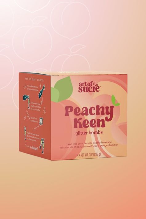 A peach of our hearts to you, Peachy Keen Glitter Bombs! Peachy Keen is a juicy peach flavor cotton candy with orange glitter! Before we peach out, our recommendation is to replace peach juice with a Peachy Keen Glitter Bomb for the PERFECT peach bellini - don’t say we didn’t warn you! Peach Packaging, Peach Items, Peach Drinks, Shampoo Design, Juicy Peach, Fruit Packaging, Perfect Peach, Peach Bellini, Glitter Bomb