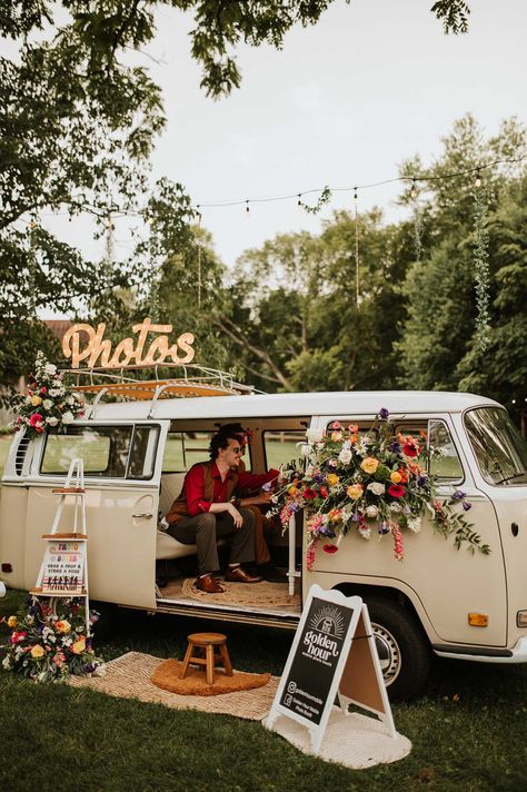 The design of this styled shoot is one of our favorites. We channeled our inner 70s along with elements of burnt orange, wooden arches, VW van Photo Booth, and colorful florals. The wedding dress and the groom attire pulled the whole wedding design together. See more from this shoot at: https://annahowedesign.com/70s-styled-shoot/ Maximalist Disco Wedding, Indie Style Wedding, 70s Wedding Ceremony, Retro Wedding Altar, 70 Style Wedding, 70s Beach Wedding, Rustic Retro Wedding, 1970s Aesthetic Wedding, Retro Wedding Ideas Vintage