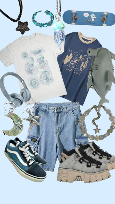 #art #outfitinspo #outfit #inspo #vibes #blue #shark #aesthetic #aestheticcore #oceanboy #blueboy #oceanaesthetic #blueaesthetic #trans #jellyfish Blue Shark Aesthetic, Shark Clothes, Silly Outfits, Fish Aesthetic, Aesthetic Shuffles, Silly Clothes, Blue Shark, Funky Outfits, Cool Fits