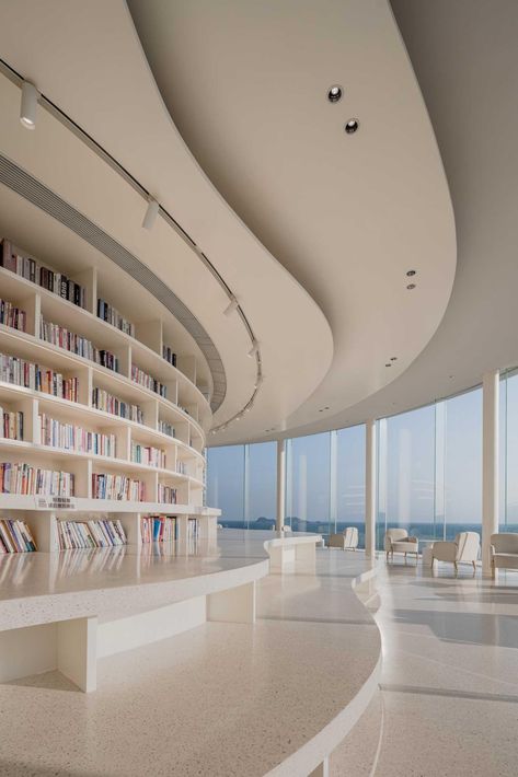 Museum Library Design, Museum Room Design, Library Concept Architecture, Library Ceiling Design, Modern Library Architecture, Library Design Architecture, Modern Library Design, Wavy Ceiling, Round Library