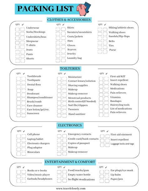 Grab this free printable travel packing checklist for your next trip! Plan ahead and easily keep track of important stuff like travel documents, tickets, itinerary, clothes, hotel details, and more while you pack. #packing-list-for-travel #packing-list-for-vacation  #trip-essentials-packing-lists #international-travel-packing-checklist
#vacation-packing-list
#summer-bucket-list Packing Checklist For A Week, Vacation Prep Checklist, Overnight Packing List, Hotel Packing List, Packing Checklist For Vacation, Cancun Packing List, Summer Camp Care Package, Travel Packing List Printable, Vacation Packing Checklist