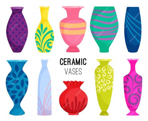 Premium Vector | Vector ceramic vases collection. colored ceramics vase objects, antique pottery cups with flowers Ceramics Vase, Bedroom Scene, Ramadan Kareem Decoration, Cerámica Ideas, Antique Pottery, Interior Illustration, Colorful Ceramics, Pottery Cups, Keramik Vase