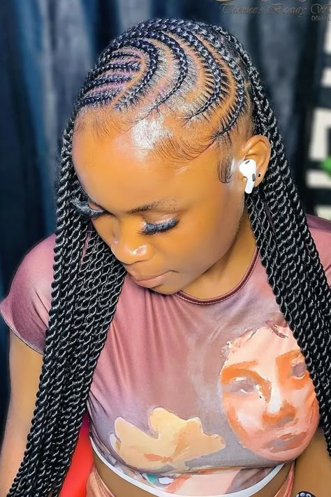 Cornrows Box Braid And Cornrow, Feed In Cornrows With Box Braids, Cornrows Into Braids, One Side Braided Hairstyles, Side Part Twist, Twisting Hairstyles, Cornrows With Braids, Scalp Braids For Black Women, Side Part Braids