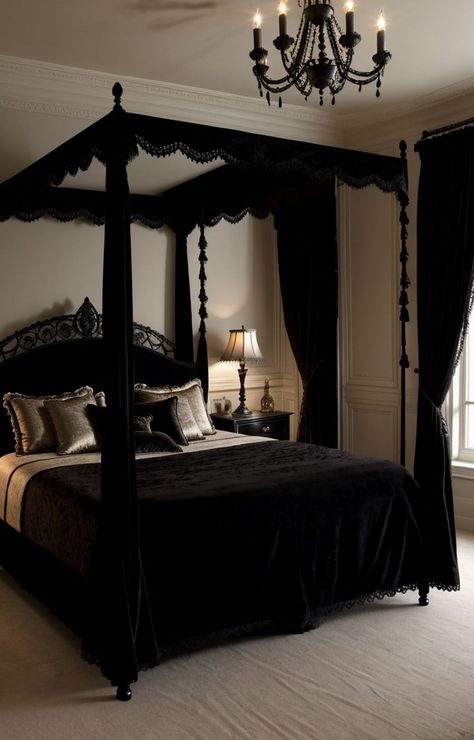 Create a gothic bedroom aesthetic with a modern twist by incorporating sleek black furniture, velvet textures, and ornate wall mirrors. Add statement lighting fixtures and dramatic drapes for a truly enchanting atmosphere. Transform your bedroom into a modern gothic sanctuary by incorporating dark colors like deep purples or rich burgundies. Gothic Bedroom Aesthetic, Modern Gothic Bedroom, Black Room Decor, Gothic Decor Bedroom, Atmospheric Lighting, Gothic Room, Bedroom Vibes, Gothic Bedroom, Dream Bedroom Inspiration