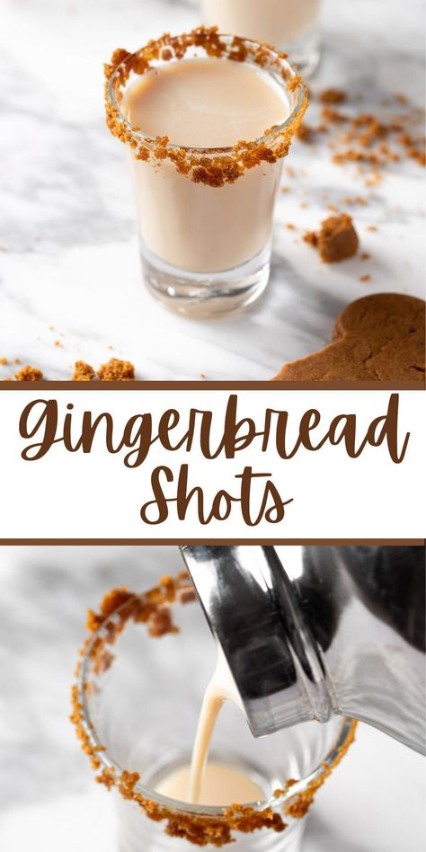 These gingerbread shots are easy to make, festive shots that are perfect for a Christmas party. Made with 4 ingredients in 5 minutes. Christmas Alcoholic Shots, Santa Hat Jello Shots, Tasty Shots Recipes, Christmas Themed Dinner Party, Winter Christmas Party Ideas, Easy Yummy Shots, Gingerbread Shots Recipe, Gingerbread Pudding Shots, Christmas Cookie Shots