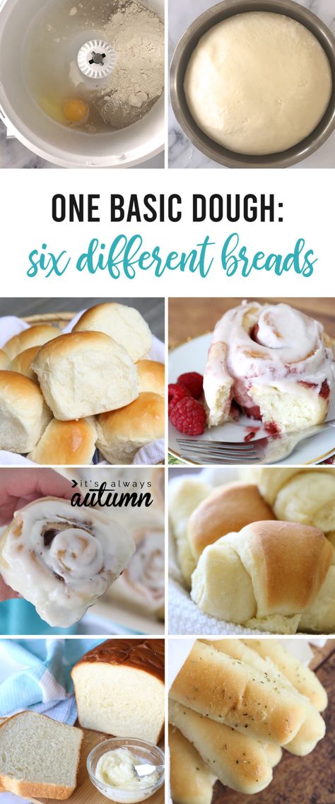 One Basic Bread Dough + SIX VARIATIONS (rolls, breadsticks, cinnamon rolls, etc)! - It's Always Autumn Things To Make With Yeast Easy Recipes, Universal Bread Dough, Universal Dough Recipe, Homesteading Recipes Cooking, Small Batch Bread Recipes, Making Bread For Beginners, Cooking From Scratch Recipes, Made From Scratch Recipes, Raspberry Rolls