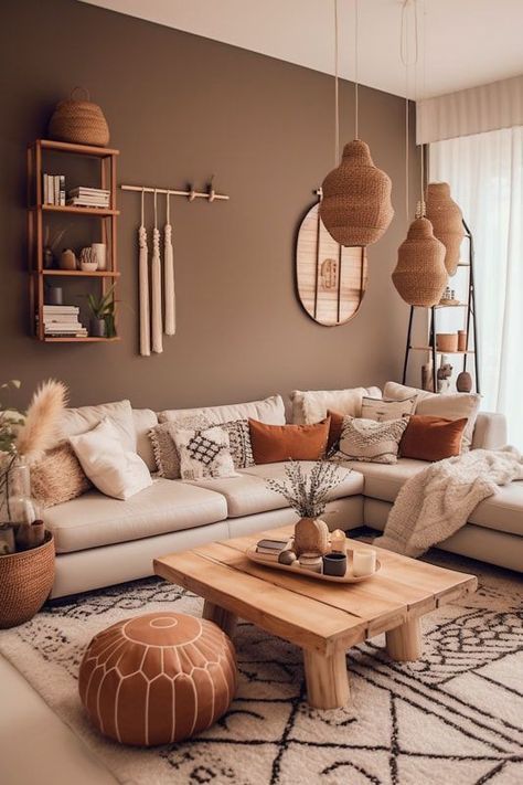 Living Room Boho Designs, Home Decor Palette Ideas, Boho With Grey Couch, Boho Home Interior Design, Earthy Colors Living Room, Pouf In Living Room, Earthy Apartment Decor, Boheme Living Room, Warm Boho Living Room