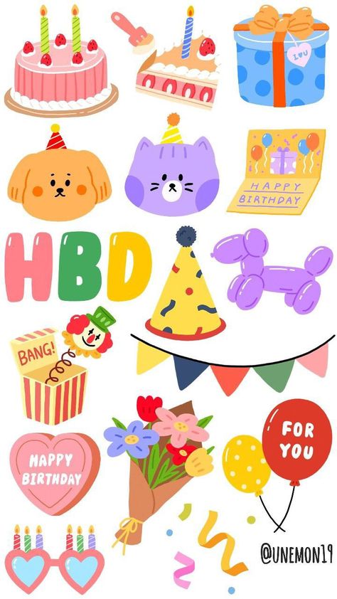 Print Stickers Free Printable, Cute Printable Stickers Journal, Birthday Stickers Printable, Stickers Printable Free, Korean Stickers, Stickers Scrapbook, Images Kawaii, Birthday Stuff, Scrapbook Stickers Printable