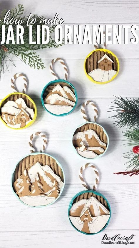 That's it! What do you think of these jar lid ornaments--don't you just love them? Do you have everything it takes to make these adorable little Winter scene Jar Lid Ornaments? So gather up used jar lids to recycle, hold on to those cardboard boxes, and grab a paint pen or some craft paint and make a bunch of jar lid ornaments for the holidays. Like, Pin and Share! Jar Lid Ornaments, Lid Ornaments, Jar Lid Crafts, Recycled Christmas Decorations, Mason Jar Lids Ornaments, Easy Christmas Ornaments, Diy Christmas Tree Ornaments, Handmade Christmas Tree, Mason Jar Lids