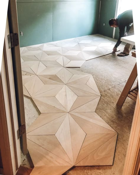 DIY Geometric Plywood Floor TUTORIAL – Roost & Ramble Plywood Floor, Plywood Flooring, Dressers Makeover, Wood Details, Diy Flooring, Wood Detail, Backsplash Ideas, Flooring Ideas, House Interiors