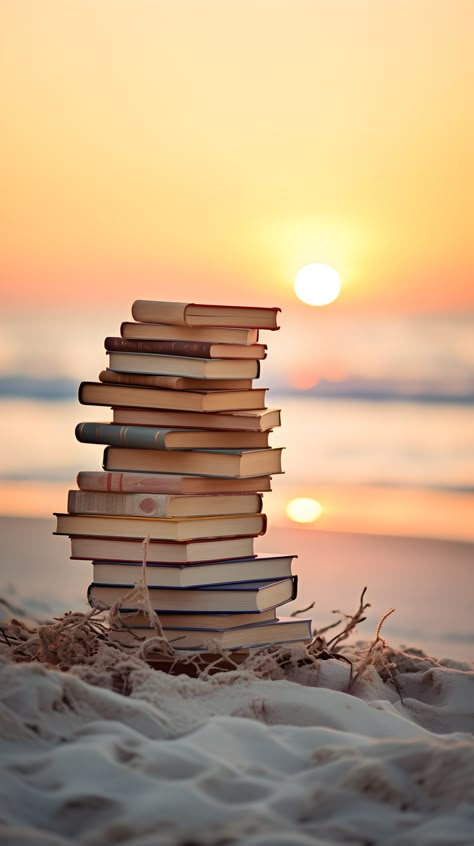 A mesmerizing wallpaper displaying a stack of old books against a stunning sunset on the beach, offering a serene and nostalgic phone background. Image Girly, Book Background, Book Wallpaper, Sunset Wallpaper, Cute Wallpaper For Phone, Backgrounds Phone Wallpapers, Phone Wallpaper Images, Book Images, Jolie Photo