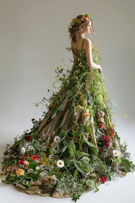 Dresses Made Of Flowers, Earth Inspired Dress, Garden Of Eden Dress, Nature Halloween Costume, Mother Nature Halloween, Nature Textiles, Flower Costumes, Wedding Installations, Forest Fairy Costume