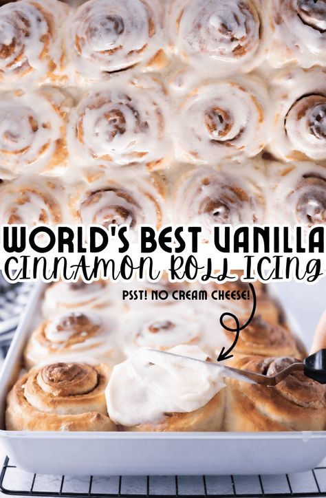 Frosting for Cinnamon Rolls - Cooking With Karli Vanilla Frosting For Cinnamon Rolls, Best Cinnamon Roll Frosting, Vanilla Cinnamon Roll Icing, Easy Icing Recipe For Cinnamon Rolls, Vanilla Icing For Cinnamon Rolls, Home Made Cinnamon Roll Icing, Cinnamon Roll Icing Without Cream Cheese, Buttercream Frosting For Cinnamon Rolls, Cinnamon Bun Frosting