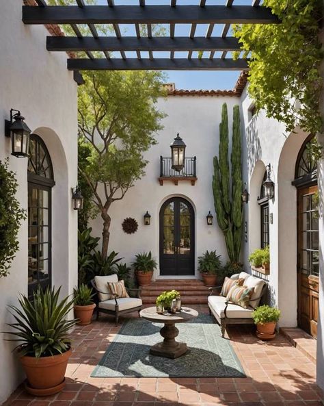 20 Modern Patio Design Ideas – ToolzView Modern Spanish Patio Outdoor Living, Courtyard Entryway, Entry Courtyard Ideas, Spanish Home Landscaping, Spanish Villa Terrace, White Courtyard, Modern Spanish Courtyard, Spanish Villa Courtyard, European Front Porch