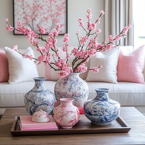 Celebrate the beauty of spring with this cherry blossom-inspired decor. Featuring soft pink accents and traditional Asian vases, this design brings freshness and elegance to any space. #CherryBlossomDecor #SpringStyle #AsianHomeDecor #SeasonalDecor Vase With Cherry Blossoms, Cherry Blossom Home Decor, Korean Vase, Cherry Blossom Decor, Asian Vase, Asian Inspired Decor, Asian Vases, Zen Space, Asian Home Decor