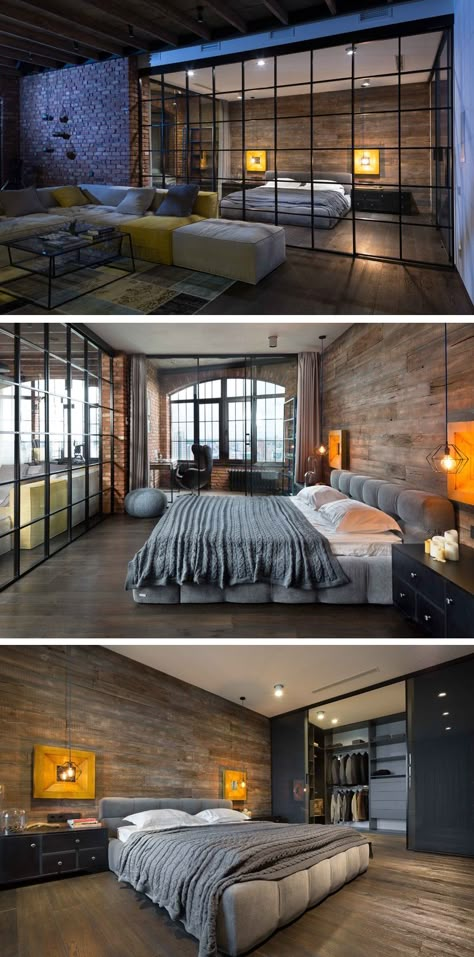 Igor Martin and Olga Novikova of MARTINarchitects, have completed a loft apartment for a lawyer in Kiev, Ukraine. Apartment Loft, Loft Stil, Trendy Apartment, Interior Design Per La Casa, Loft Bedroom, Interior Vintage, Glass Walls, Loft Living, Versace Home