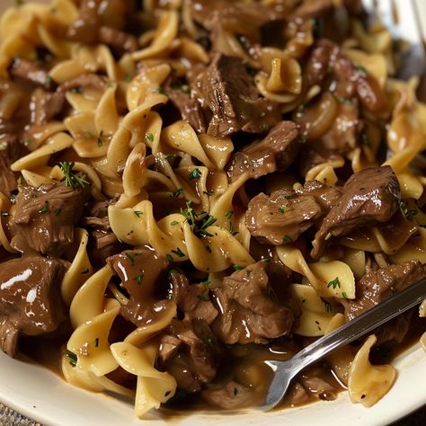 Crockpot beef tips & noodles Beef Tips Noodles, Beef And Noodles Crockpot, Crockpot Beef Tips, Homemade Beef Broth, Beef Tips And Noodles, Brown Gravy Mix, Crockpot Ideas, Sweater Pumpkins, Crockpot Dinners