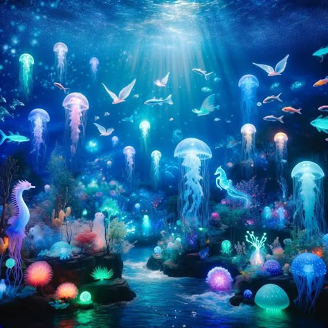 🌊✨ Dive into the Enchanted Ocean ✨🌊 Immerse yourself in the mystical depths of our enchanted ocean. Glowing bioluminescent plants and corals light the way as magical sea creatures like shimmering jellyfish, iridescent fish, and glowing seahorses swim gracefully. This serene and fantastical underwater world is a testament to the beauty and wonder that lies beneath the waves. Let your imagination swim free and explore the vibrant marine life that calls this magical ocean home. 🌌🐠🦄 #Enchanted... Bioluminescence Underwater, Bioluminescence Fish, Bioluminescent Coral, Bioluminescence Creatures, Bioluminescent Plants, Magical Jellyfish, Black Phone Theme, Enchanted Ocean, Iridescent Fish