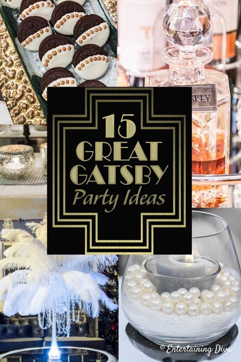 These great gatsby party decor ideas are awesome! I especially love the glam feather centerpiece, and the entrance sign. They would be perfect for a wedding, graduation party or even a New Year's Eve party. | Party Decorations Glam Theme Party Decor, Glam Birthday Party Ideas, Gatsby Party Decor, Great Gatsby Party Ideas, Sylvester Party, Gatsby Party Ideas, Gatsby Birthday Party, Gatsby Birthday, Gatsby Party Decorations