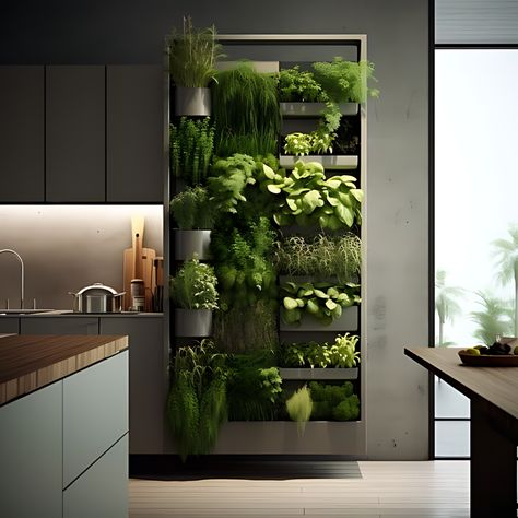 Kitchen Trends 2025 | Kitchen Design Ideas Herbs In Kitchen Wall, Herbs Wall Kitchen, Live Herb Wall, Kitchen Living Wall, Outdoor Kitchen With Herb Garden, Herbs On Wall, Living Herb Wall Kitchen, Hydroponic Wall Garden Indoor, Vertical Garden Wall Indoor Kitchen Herbs