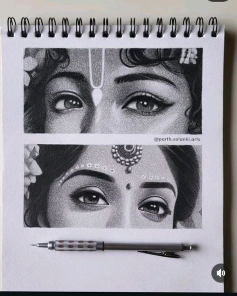 Radhe Krishna Pencil Sketch, Goddess Sketch Pencil, Radha Krishna Charcoal Sketch, Radha Krishna Face Drawing, Radha Krishna Eyes Sketch, Radha Eyes Drawing, Lord Krishna Eyes Drawing, Sketch Potrait Idea, Krishna Realistic Drawing