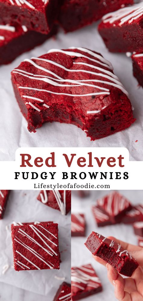 These fudgy red velvet brownies are an easy chocolatey treat that will be perfect when that sweet tooth hits! Red Velvet Brownies Recipe, Velvet Fudge, Red Velvet Fudge, Velvet Brownies, Red Velvet Brownies, Brownies Recipe, Easy Baking Recipes Desserts, Tasty Baking, Baked Dessert Recipes