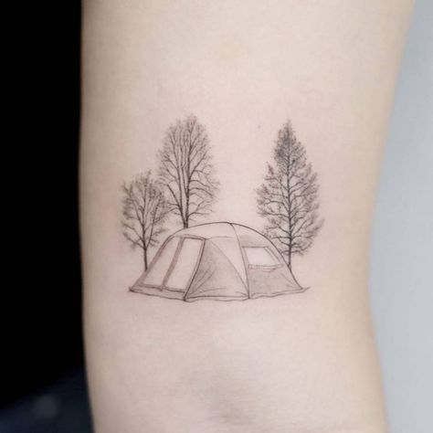 Tent Tattoo, Work In Progress Tattoo, Progress Tattoo, Camping Tattoo, Subtle Tattoos, Little Tattoos, Camping Tent, Tent Camping, Future Tattoos