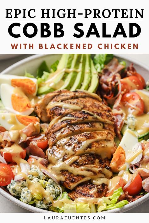 This epic high-protein Cobb Salad with mouthwatering blackened chicken will up the game of your regular salad rotation! High Protein Summer Salads, Chicken Cobb Salad Recipe, Cobb Salad Dressing, Cobb Salad Ingredients, Protein Salad Recipes, Chicken Cobb Salad, High Protein Salads, Cobb Salad Recipe, Protein Salad