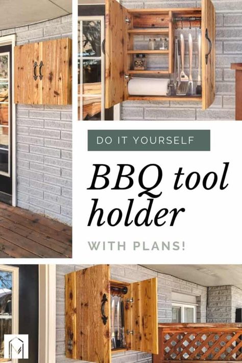 Barbeque Utensil Storage, Outdoor Cooking Storage Ideas, Bbq Wall Storage, Grill Utensil Storage Outdoor, Rustic Grill Station, Bbq Cabinet Ideas, Outdoor Grill Storage Ideas, Grill Storage Cabinet, Outdoor Bbq Utensil Storage Ideas