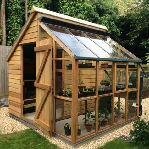 Garden design ideas: greenhouse + shed combo Greenhouse Storage, Serre Diy, Greenhouse Shed Combo, Shed Landscaping, Outdoor Greenhouse, Greenhouse Shed, Wooden Greenhouses, Plants Growing, Backyard Greenhouse