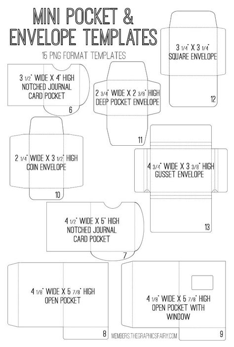 Envelope & Pocket Templates Image Kit! Graphics Fairy Premium Membership - The Graphics Fairy Journal Envelopes Pockets, Tiny Envelope Template, Coin Envelopes Ideas, Coin Envelopes Diy, How To Make A Pocket Envelope, Junk Journal Pocket Template, Box Envelope Template, Paper Pocket Template, Paper Envelope Template