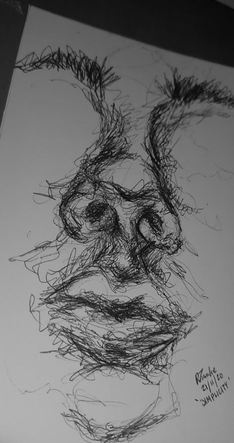 Scribble Face Drawing, Messy Face Sketch, Messy Pen Drawings, Scribble Pen Art, Drawing With Fineliner, Emotionless Drawing, Messy Pen Art, Scribble Art Doodles, Pen Drawing Face