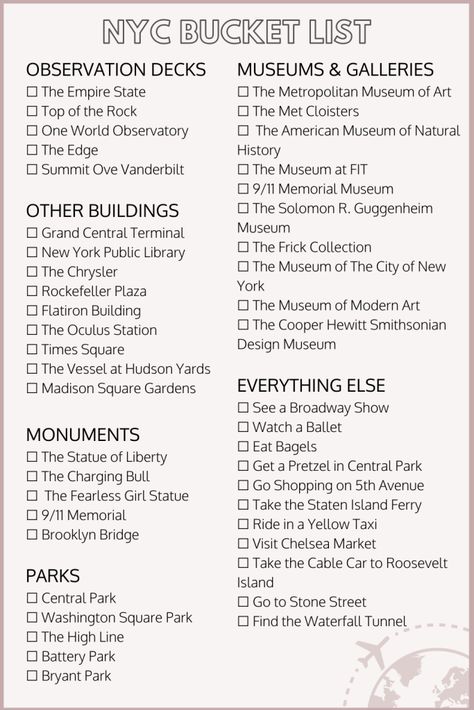 New York Lingo, New York Todo List, Trip To New York City Outfits, New York Guide Things To Do, New York Destinations, Things To Pack For New York, Nyc List Things To Do, New York Locals Guide, New York City Checklist