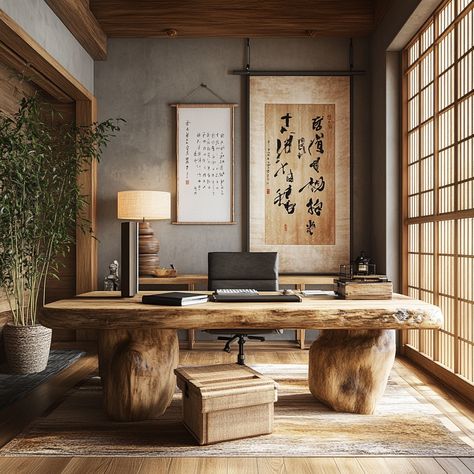 Design a Zen-inspired home office that merges traditional Asian elements with modern functionality. With a wooden desk, bamboo plant, and calming calligraphy art, this space is perfect for achieving focus and inner peace. #ZenOffice #AsianDecor #HomeWorkspace #ProductivityBoost Zen Interior Design Office, Asian Office Decor, Japanese Style Office Design, Japanese Inspired Office, Japanese Style Office, Japanese Office Design, Zen Office Space, Zen Home Office, Architect Inspiration