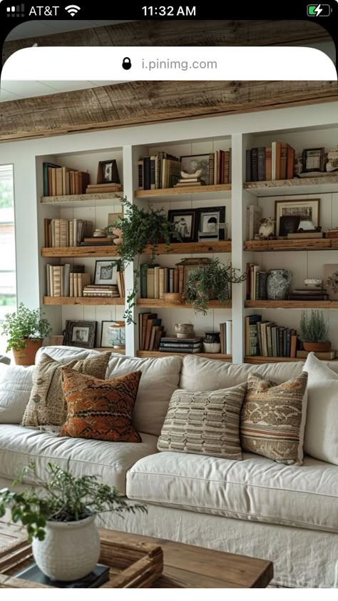 Mission Style Living Room Ideas, Behind Couch Built In, Bookcase Around Couch, Book Shelves Beside Fireplace, Bookcase Wall Behind Sofa, Open Shelving Behind Couch, Built In Bookshelves Living Room With Tv, Living Room Shelving Ideas Behind Couch, Built In Bookshelves Behind Couch