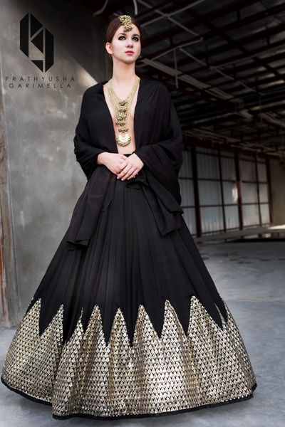 Light Lehengas - Black Lehenga with Silver Gotta Border | WedMeGood  #wedmegood #indianbride #lehenga #black #gota #indianlehenga #indianwedding #skirt Lehenga Black, Lehenga Ideas, Black Lehenga, Sequence Work, Designer Party Wear Dresses, Party Wear Indian Dresses, Lehenga Designs, Anarkali Dress, Indian Attire