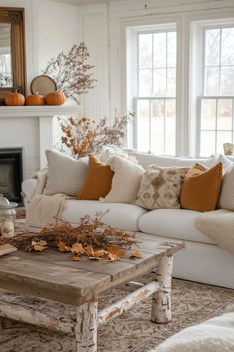 Outdoor-inspired decor with birch logs and pine branches adding natural charm to a fall-themed living room. Cozy Four Seasons Room, Cozy Country Living Room Cottage Style, Fall Throw Blanket On Couch, Fall Sofa Throw, Fall Piano Decor, Autumn Colour Living Room Decor, Comfy Living Room Ideas, Autumn Decor Grey Living Room, Autumn Living Room Pillows