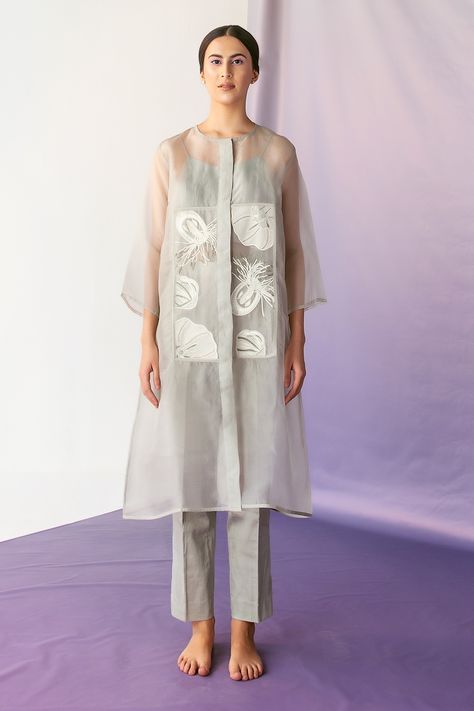 Kurta With Organza Sleeves, Organza Tunic Top, Aza Fashion Kurta Set, Organza Jackets For Women, Organza Kurta Designs, Pant Suits For Women Wedding, Organza Kurta Set, Sheer Kurta, Organza Tunic