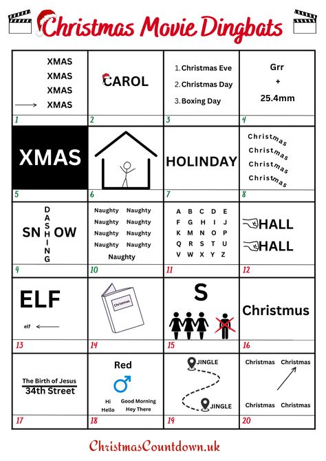 Christmas Movie Dingbat Puzzles with Answers Christmas Quiz With Answers, Christmas Picture Quiz, Christmas Puzzles Printables, Christmas Quizzes, Word Puzzles Brain Teasers, Puzzles With Answers, Christmas Riddles, Kids Christmas Movies, Good Morning Christmas