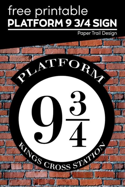 Print this platform 9 3/4 sign for free and use our tutorial to make a fun platform 9 3/4 prick wall out of a plastic table cloth or shower curtain. Free Harry Potter Signs, Diy Platform 9 3/4 Sign, Harry Potter 9 3/4 Wallpaper, Diagon Alley Signs Free Printable, Harry Potter Printable Decorations, Diy Platform 9 3/4, Harry Potter Party Signs, Platform 9 3/4 Printable, Harry Potter Platform 9 3/4